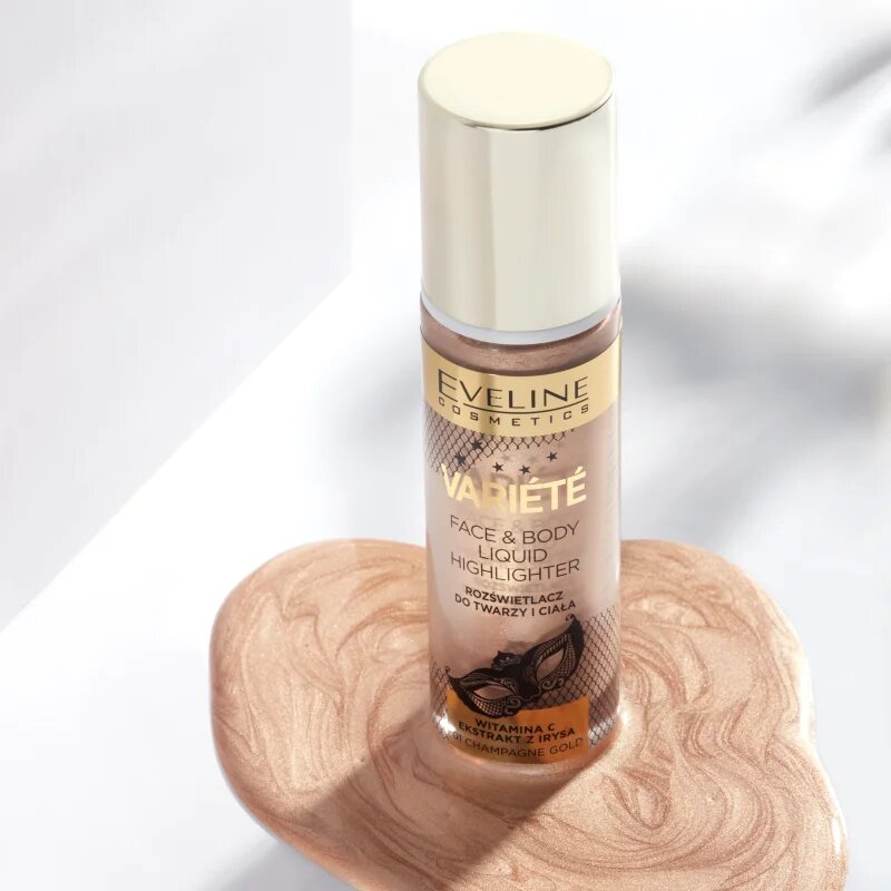 Eveline Cosmetics Variété tekutý rozjasňovač na obličej a tělo odstín 01 Sparkling Wine Gold 30 ml