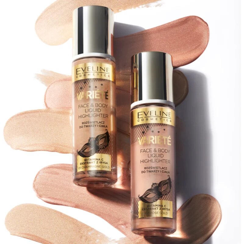 Eveline Cosmetics Variété tekutý rozjasňovač na obličej a tělo odstín 01 Sparkling Wine Gold 30 ml