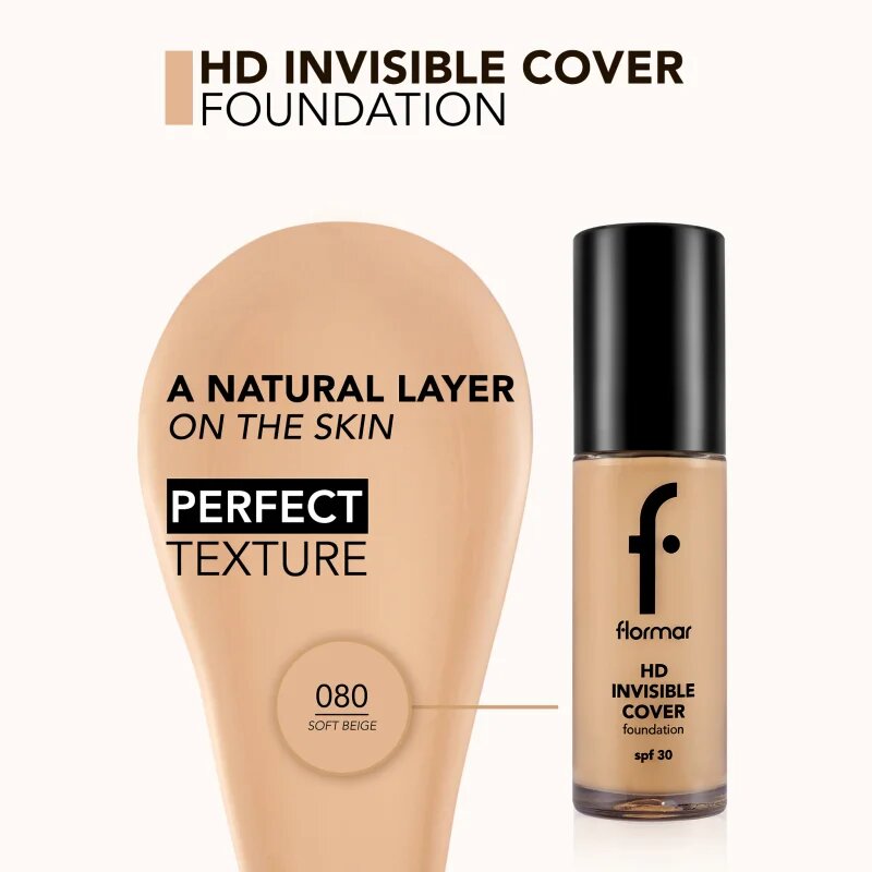 flormar HD Invisible Cover Foundation lehký make-up s rozjasňujícím účinkem SPF 30 odstín 80 Soft Beige 30 ml