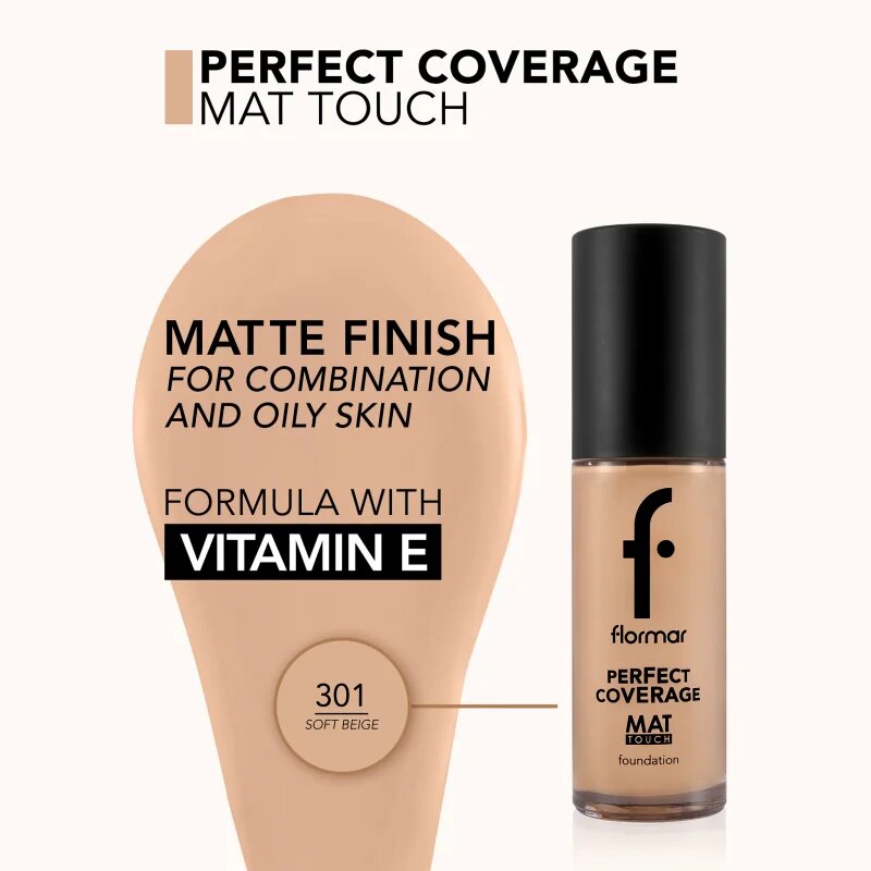 flormar Perfect Coverage Mat Touch Foundation matující make-up pro smíšenou až mastnou pokožku odstín 301 Soft Beige 30 ml