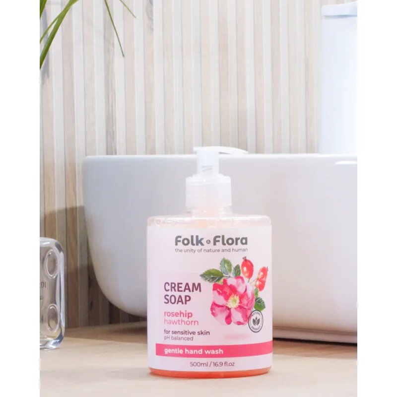Folk & Flora Rosehip & Hawthorn krémové tekuté mýdlo pro citlivou pokožku 500 ml
