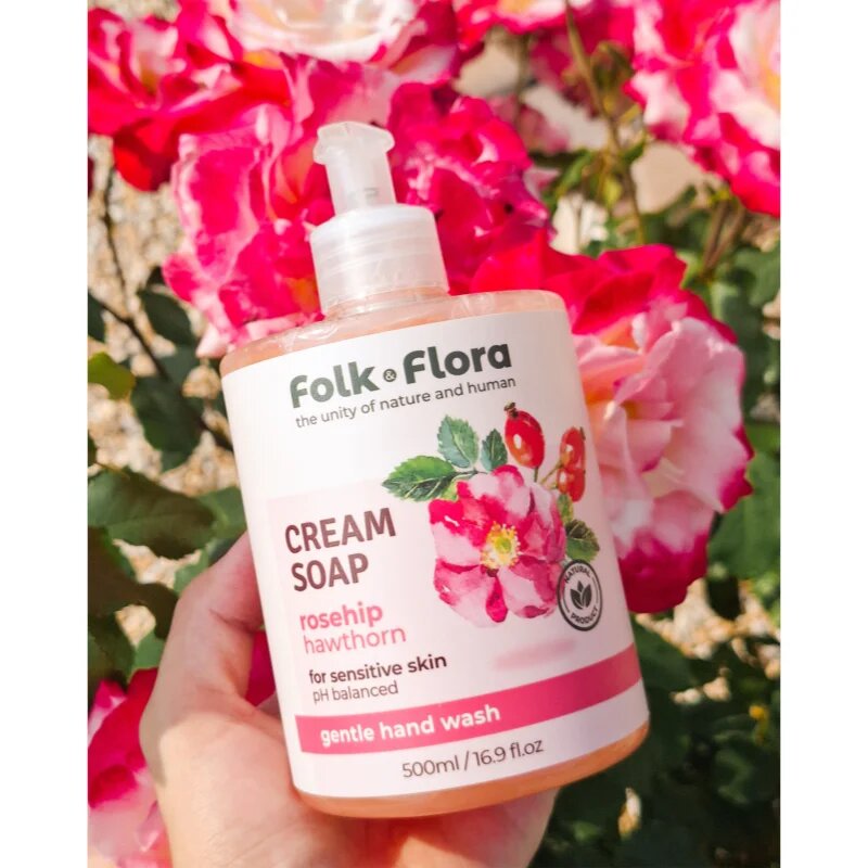 Folk & Flora Rosehip & Hawthorn krémové tekuté mýdlo pro citlivou pokožku 500 ml