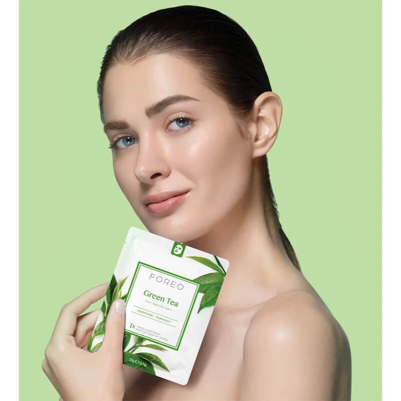 FOREO Farm to Face Sheet Mask Green Tea plátýnková maska se zklidňujícím účinkem pro smíšenou pleť 3x20 g