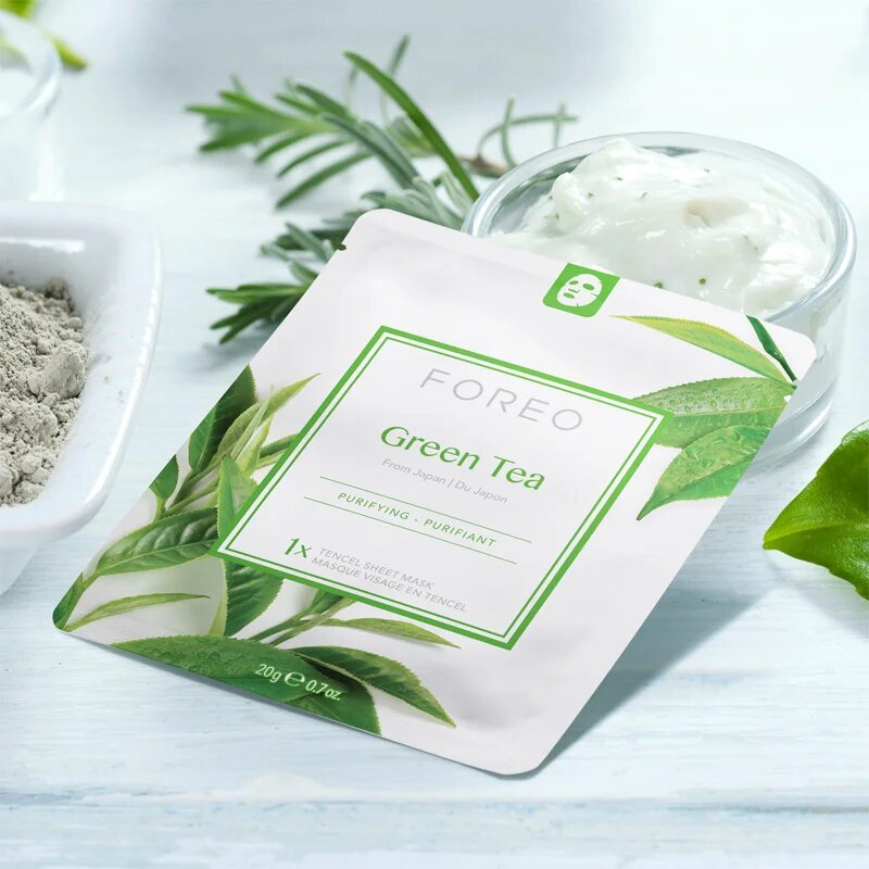 FOREO Farm to Face Sheet Mask Green Tea plátýnková maska se zklidňujícím účinkem pro smíšenou pleť 3x20 g