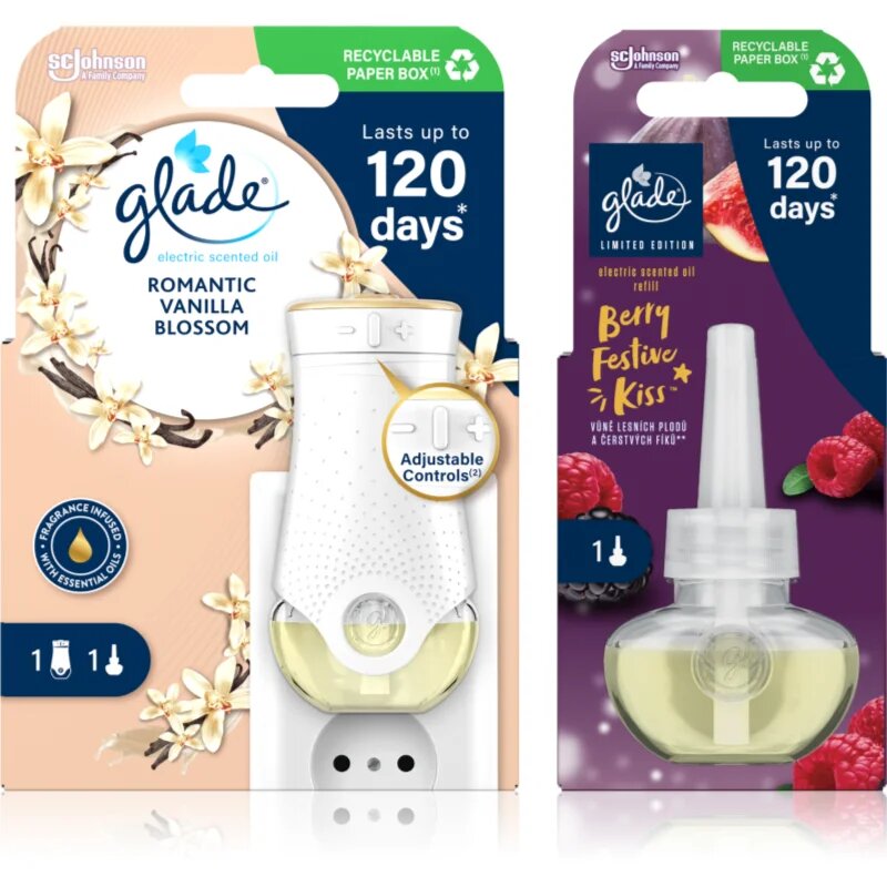 Glade Electric scented oil Romantic Vanilla Blossom + Berry Festive Kiss výhodné balení 3 ks