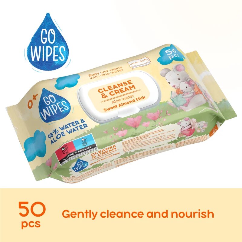 GoWipes Cleanse & Cream Sweet Almond Milk dětské jemné vlhčené ubrousky pro citlivou pokožku aloe vera 0+ 50 ks