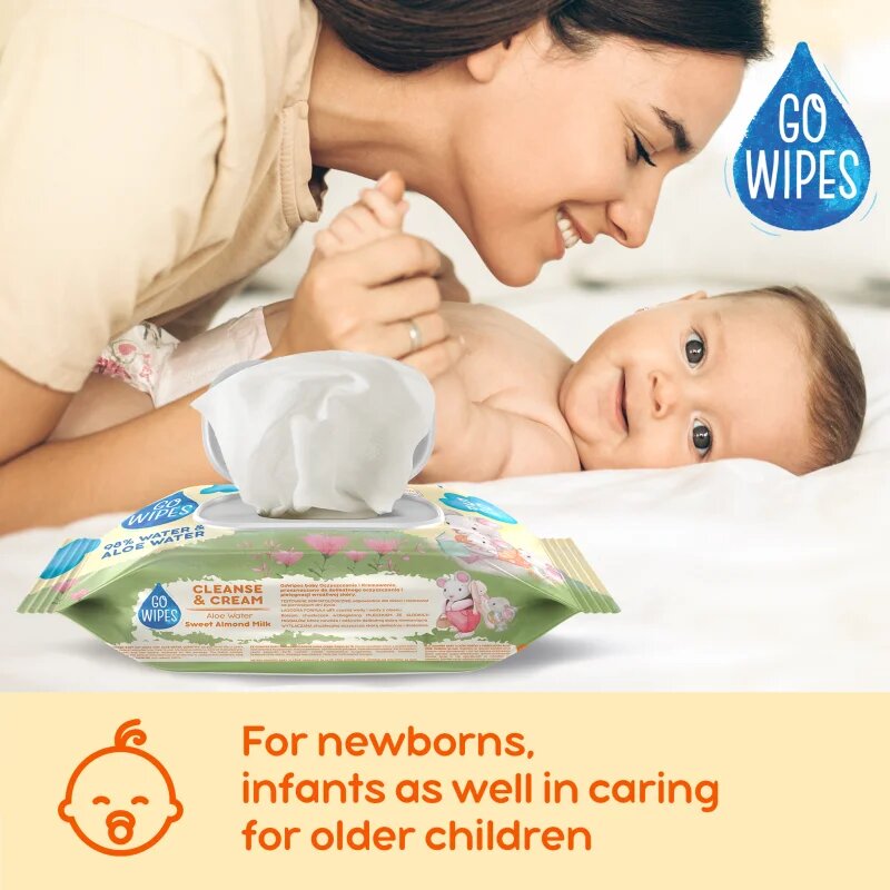 GoWipes Cleanse & Cream Sweet Almond Milk dětské jemné vlhčené ubrousky pro citlivou pokožku aloe vera 0+ 50 ks
