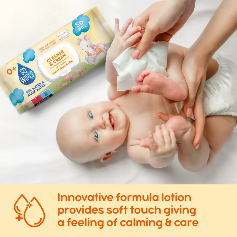 GoWipes Cleanse & Cream Sweet Almond Milk dětské jemné vlhčené ubrousky pro citlivou pokožku aloe vera 0+ 50 ks