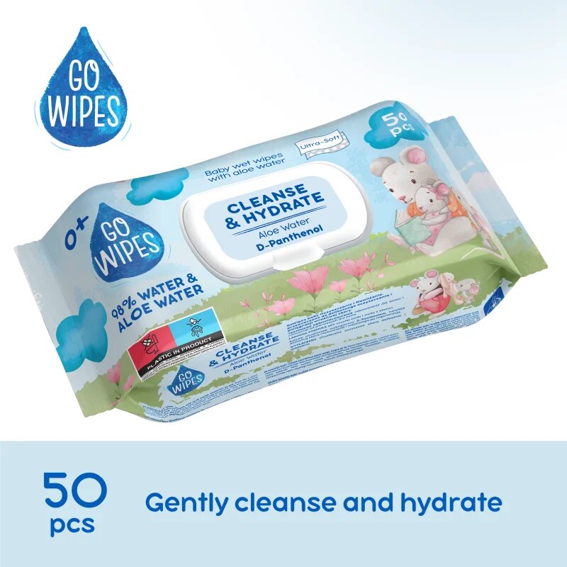 GoWipes Cleanse & Hydrate dětské jemné vlhčené ubrousky pro citlivou pokožku aloe vera 0+ 50 ks