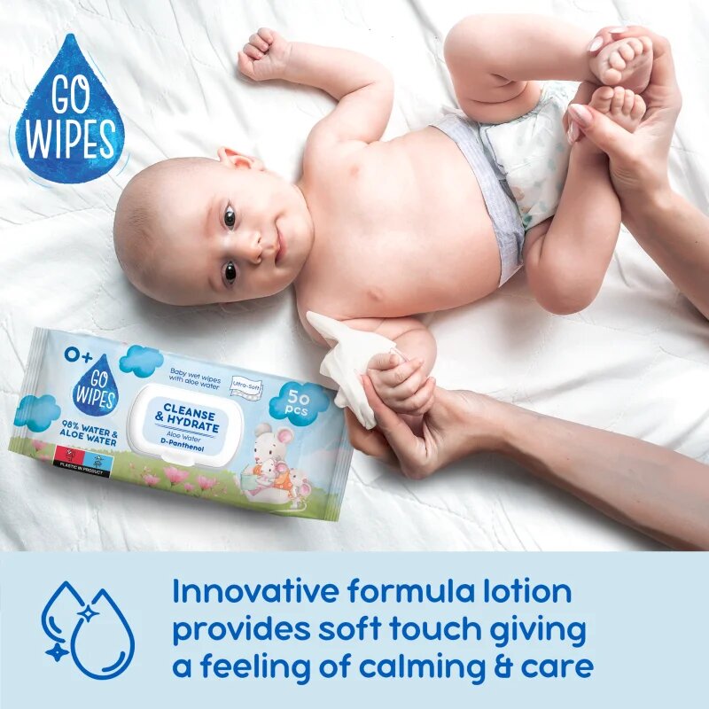 GoWipes Cleanse & Hydrate dětské jemné vlhčené ubrousky pro citlivou pokožku aloe vera 0+ 50 ks
