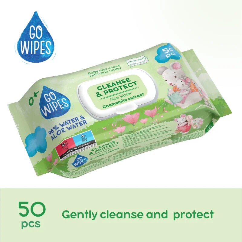 GoWipes Cleanse & Protect Chamomile extract dětské jemné vlhčené ubrousky s aloe vera 50 ks