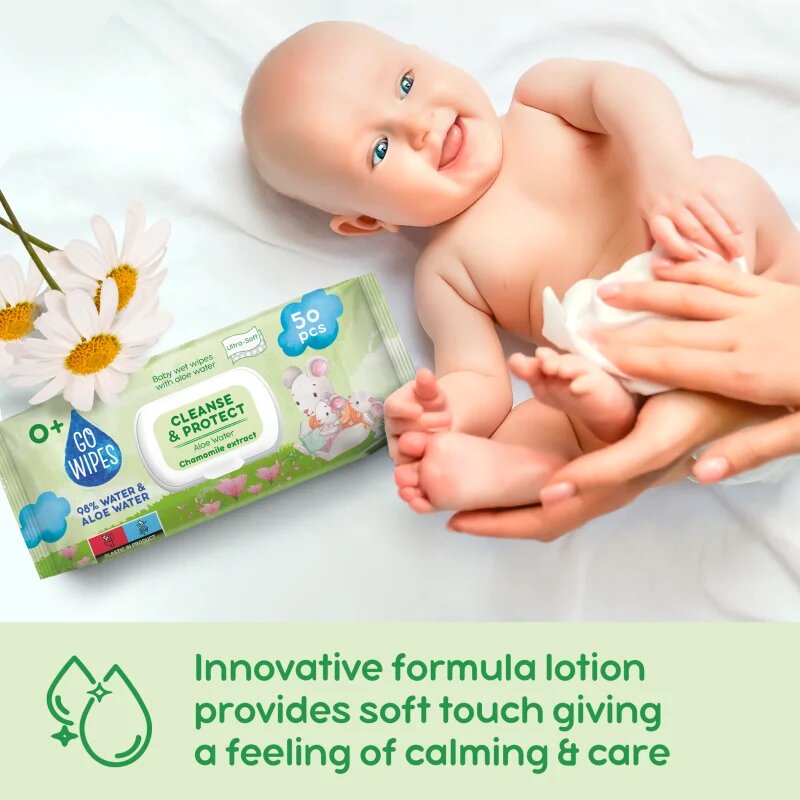 GoWipes Cleanse & Protect Chamomile extract dětské jemné vlhčené ubrousky s aloe vera 50 ks