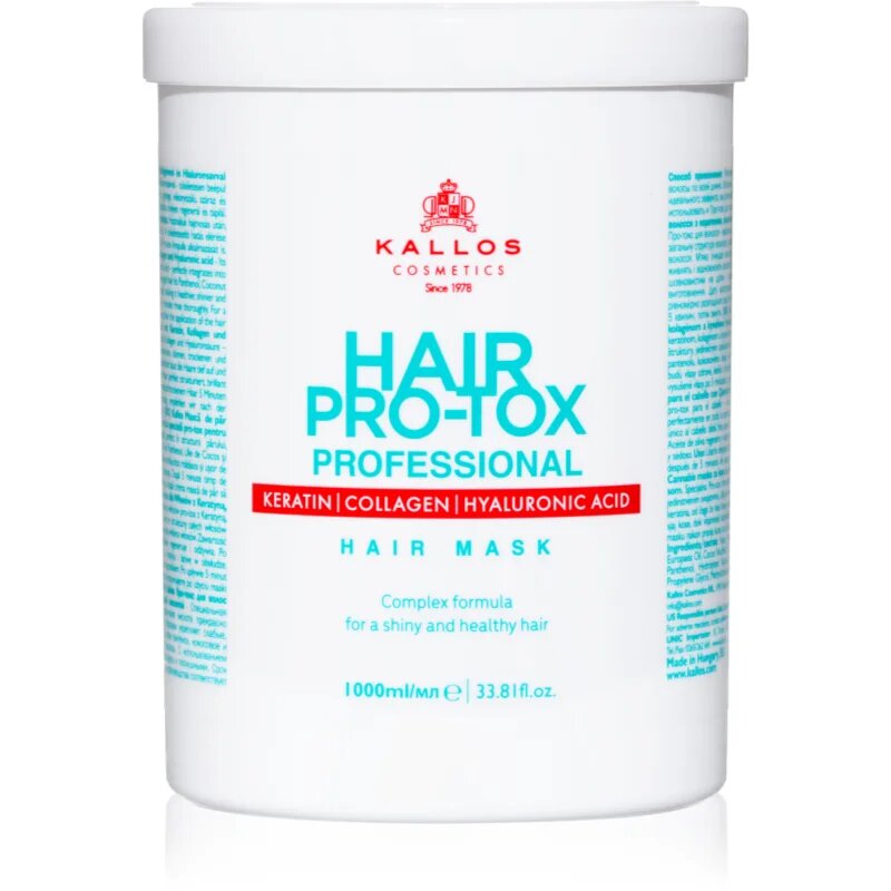 Kallos Hair Pro-Tox maska pro slabé a poškozené vlasy s kokosovým olejem kyselinou hyaluronovou a kolagenem 1000 ml