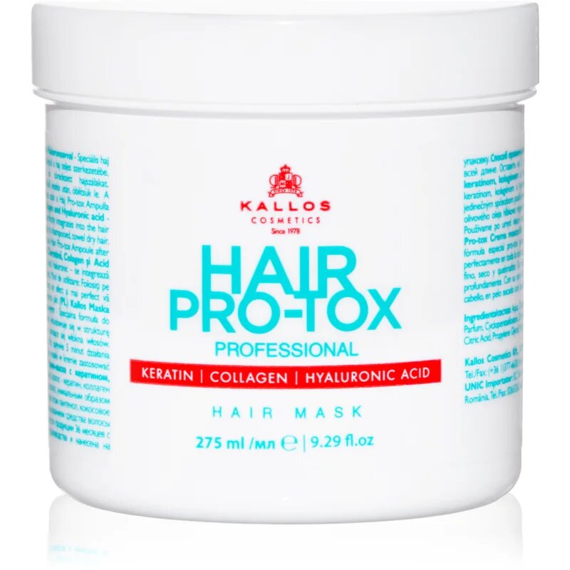 Kallos Hair Pro-Tox maska pro slabé a poškozené vlasy s kokosovým olejem kyselinou hyaluronovou a kolagenem 275 ml