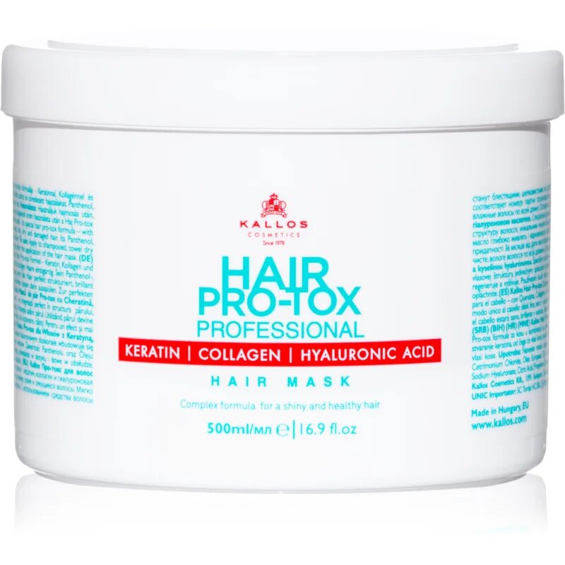 Kallos Hair Pro-Tox maska pro slabé a poškozené vlasy s kokosovým olejem kyselinou hyaluronovou a kolagenem 500 ml
