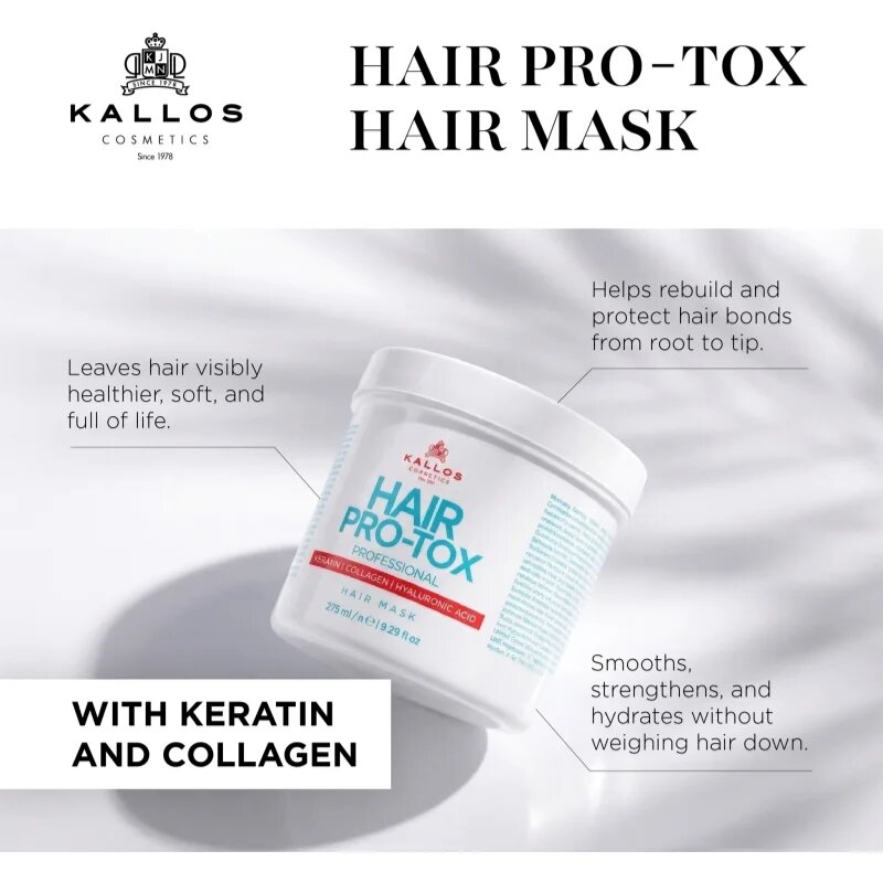 Kallos Hair Pro-Tox maska pro slabé a poškozené vlasy s kokosovým olejem kyselinou hyaluronovou a kolagenem 500 ml