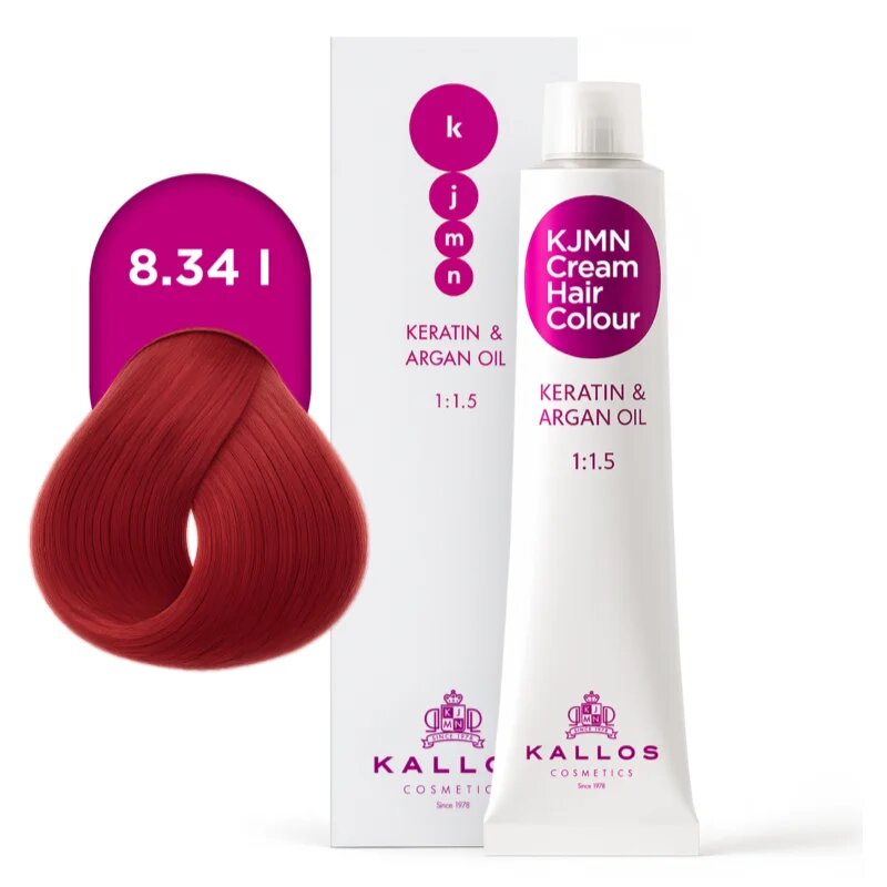 Kallos KJMN Professional Cream Hair Colour Keratin & Argan Oil barva na vlasy s keratinem a arganovým olejem odstín 8.34 l Intense Copper Red 100 ml