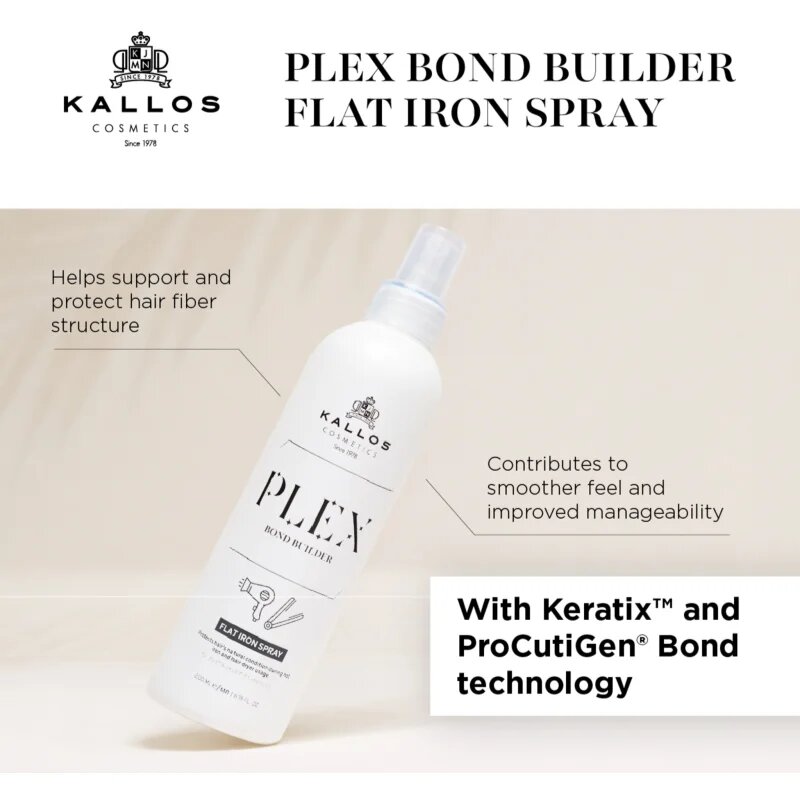 Kallos Plex Flat Iron Spray termoochranný sprej pro úpravu žehličkou a kulmou pro poškozené chemicky ošetřené vlasy 200 ml