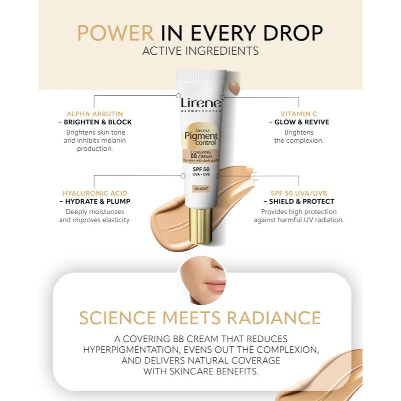 Lirene Derma Pigment Control Covering BB Cream SPF 50 rozjasňující BB krém proti pigmentovým skvrnám odstín 01 Light 30 ml