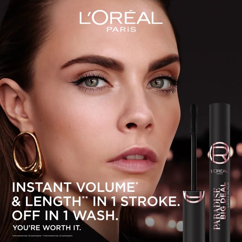 L’Oréal Paris Lash Paradise Big Deal objemová a prodlužující řasenka odstín Latex Black 9.9 ml