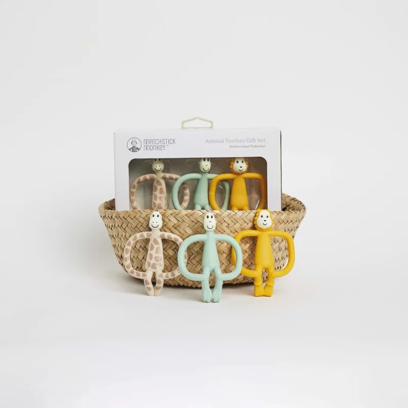 Matchstick Monkey Animal Teether Gift Set dárková sada pro děti Giraffe Gigi Lion Luda Monkey Mint