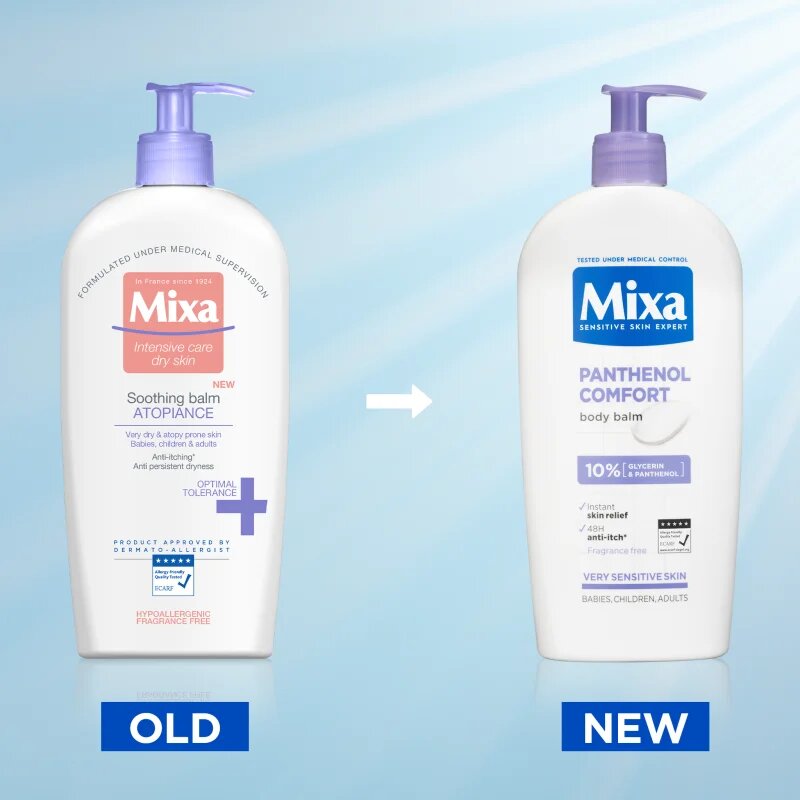 MIXA Panthenol Comfort zklidňující tělové mléko pro velmi suchou citlivou pokožku a pro pokožku se sklony k atopii 400 ml