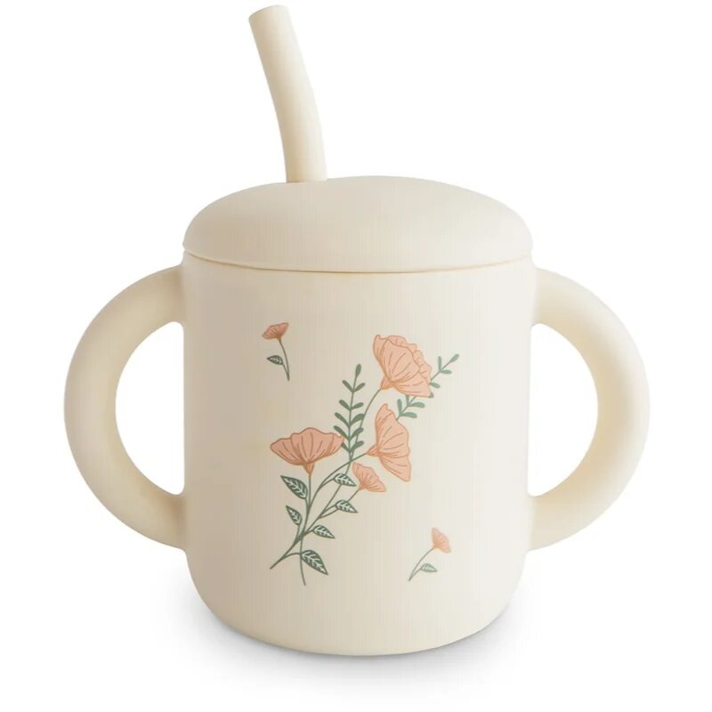 Mushie Silicone Training Cup Pink Flowers hrnek s brčkem 1 ks