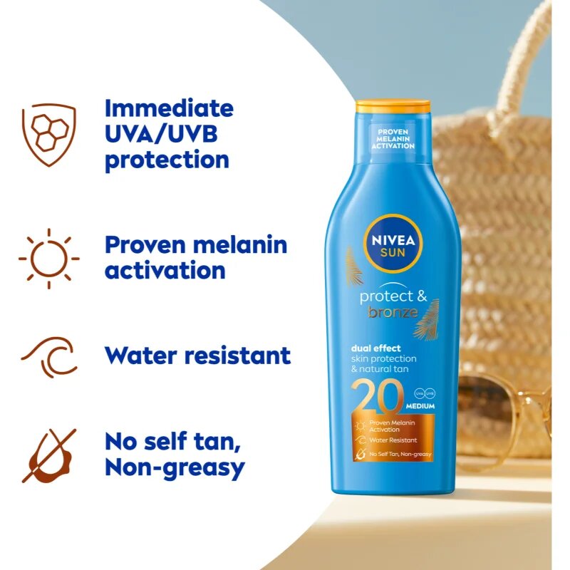 Nivea SUN Protect & Bronze mléko na opalování podporující zhnědnutí SPF 20 200 ml