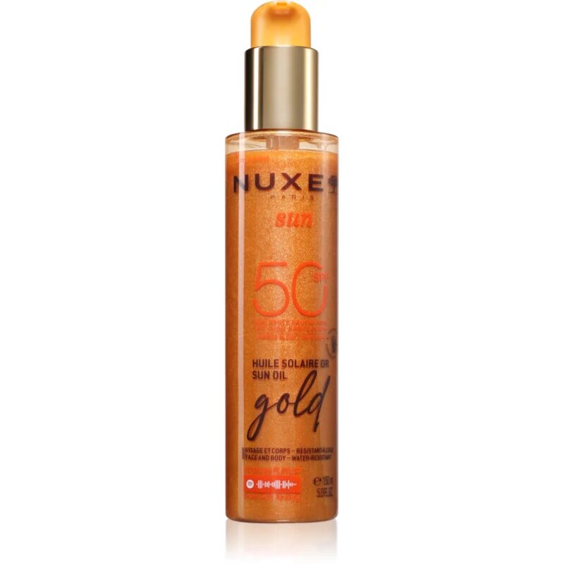 Nuxe Sun Sun Oil Gold SPF 50 opalovací olej na obličej a tělo s rozjasňujícím efektem 150 ml