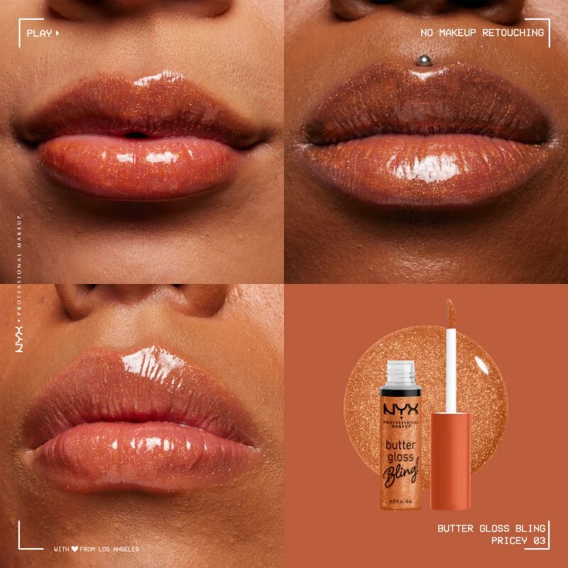 NYX Professional Makeup Butter Gloss Bling lesk na rty třpytivý odstín 03 Pricey 8 ml