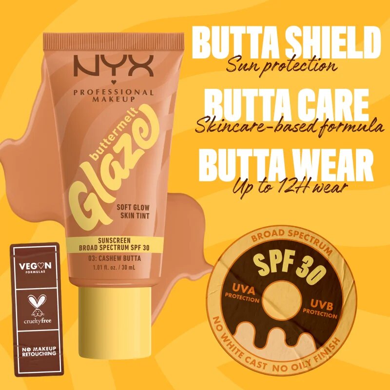 NYX Professional Makeup Buttermelt Glaze rozjasňující tónovací fluid SPF 30 odstín 03 Cashew Butta 30 ml