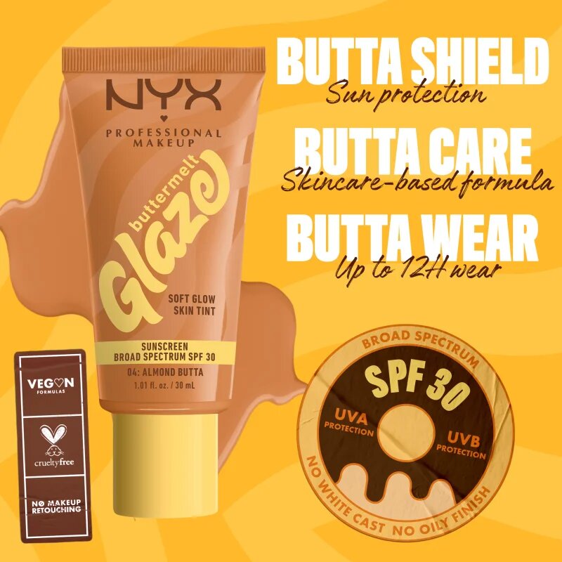 NYX Professional Makeup Buttermelt Glaze rozjasňující tónovací fluid SPF 30 odstín 04 Almond Butta 30 ml
