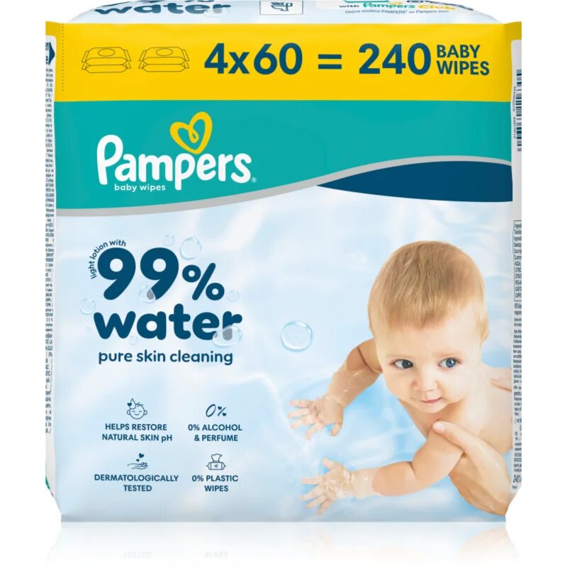 Pampers 99% Water Baby Wipes vlhčené čisticí ubrousky pro děti 4x60 ks