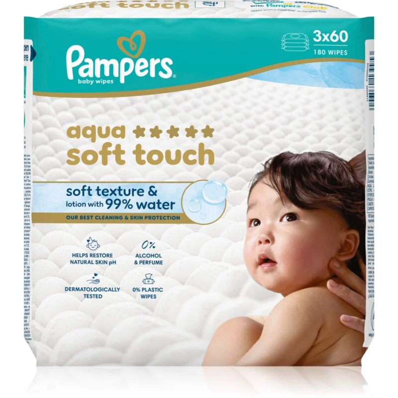 Pampers Aqua Soft Touch vlhčené čisticí ubrousky pro děti 3x60 ks