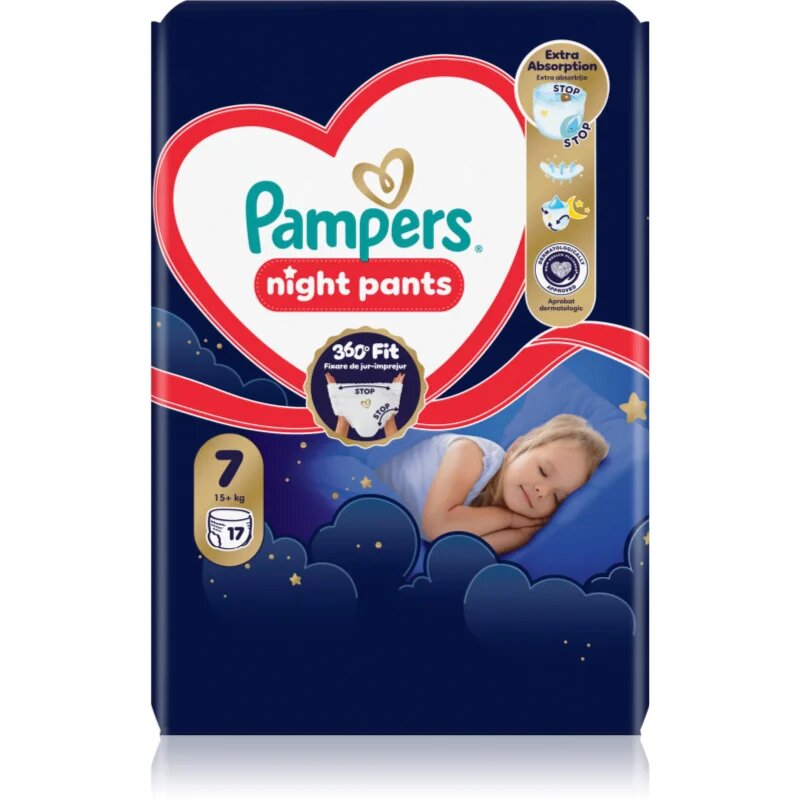 Pampers Night Pants Size 7 jednorázové plenkové kalhotky na noc 15+ kg 17 ks