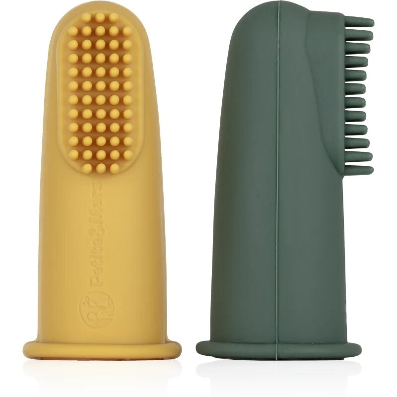 Petite&Mars Take&Match 0m+ dětský zubní kartáček na prst s pouzdrem Ochre&Green 2 ks