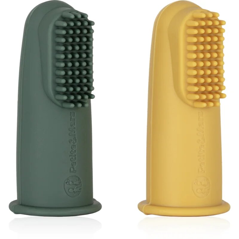 Petite&Mars Take&Match 0m+ dětský zubní kartáček na prst s pouzdrem Ochre&Green 2 ks