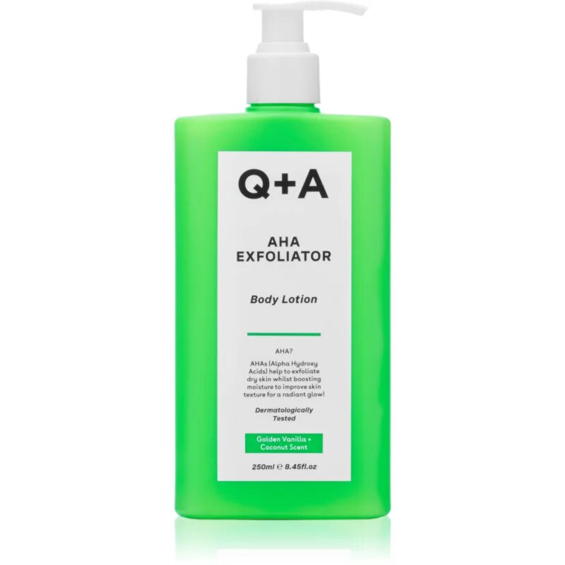 Q+A AHA Exfoliator obnovující tělové mléko s exfoliačním účinkem vůně Golden Vanilla + Coconut 250 ml