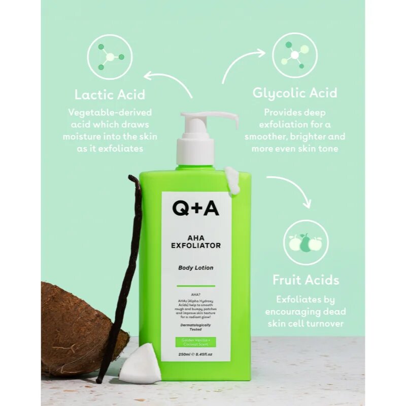 Q+A AHA Exfoliator obnovující tělové mléko s exfoliačním účinkem vůně Golden Vanilla + Coconut 250 ml
