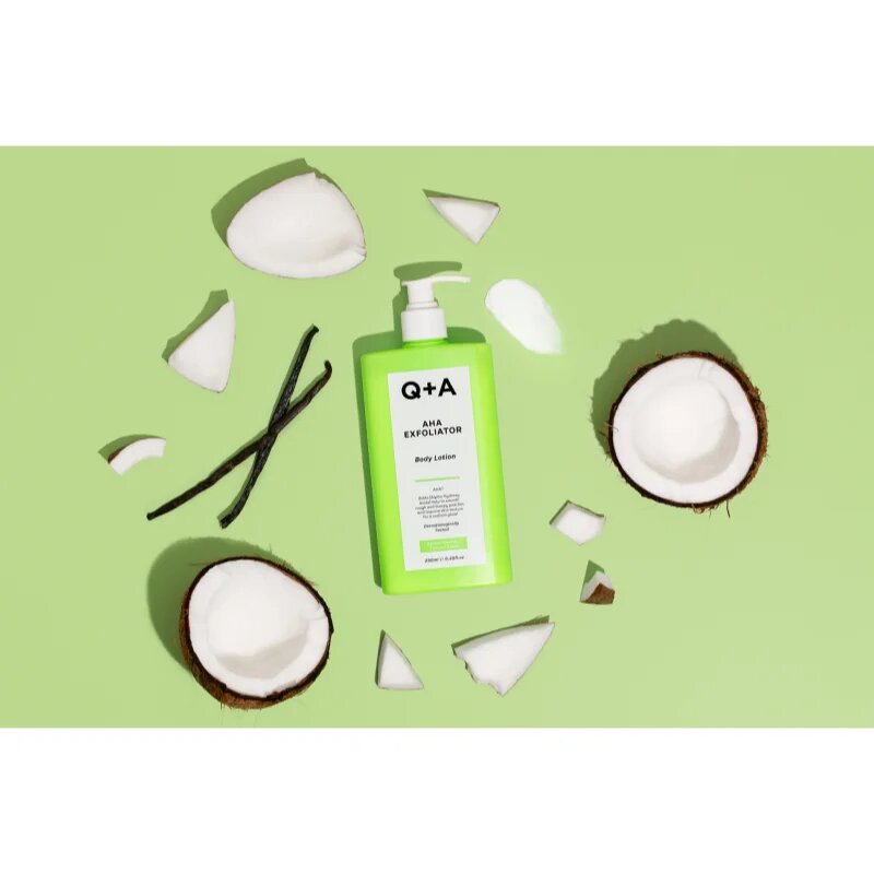 Q+A AHA Exfoliator obnovující tělové mléko s exfoliačním účinkem vůně Golden Vanilla + Coconut 250 ml