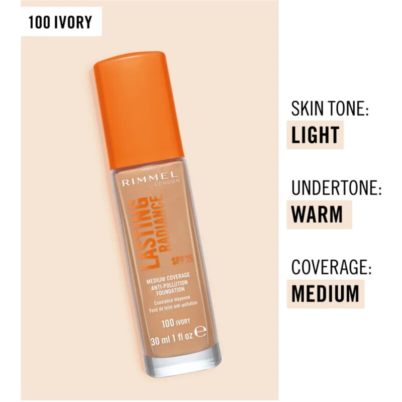 Rimmel Lasting Radiance rozjasňující make-up SPF 25 odstín 100 Ivory 30 ml