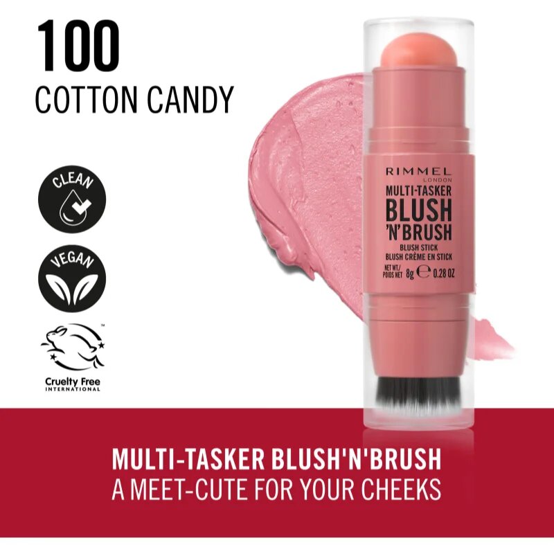 Rimmel Multi-Tasker Blush'N'brush tvářenka v tyčince se štětcem odstín 100 Cotton Candy 8 g