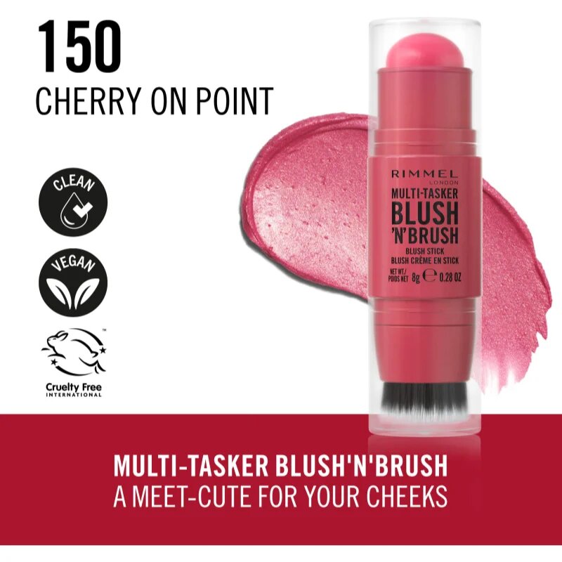 Rimmel Multi-Tasker Blush'N'brush tvářenka v tyčince se štětcem odstín 150 Cherry On Point 8 g
