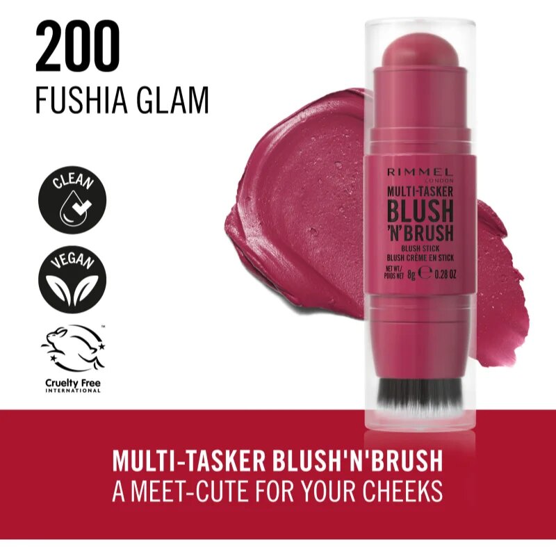 Rimmel Multi-Tasker Blush'N'brush tvářenka v tyčince se štětcem odstín 200 Fushia Glam 8 g