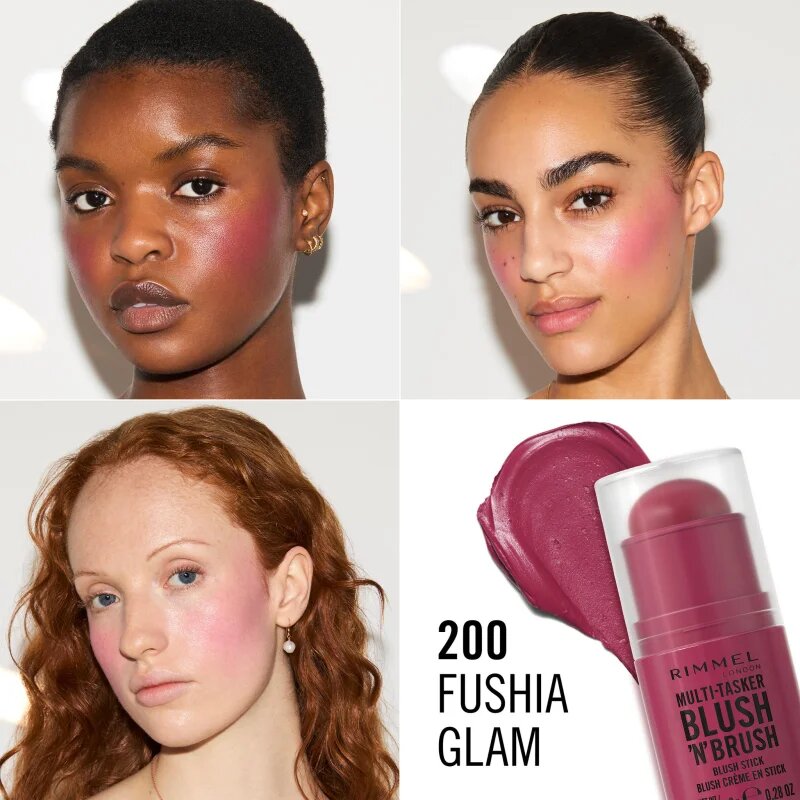Rimmel Multi-Tasker Blush'N'brush tvářenka v tyčince se štětcem odstín 200 Fushia Glam 8 g