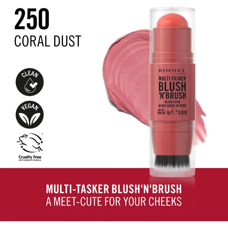 Rimmel Multi-Tasker Blush'N'brush tvářenka v tyčince se štětcem odstín 250 Coral Dust 8 g