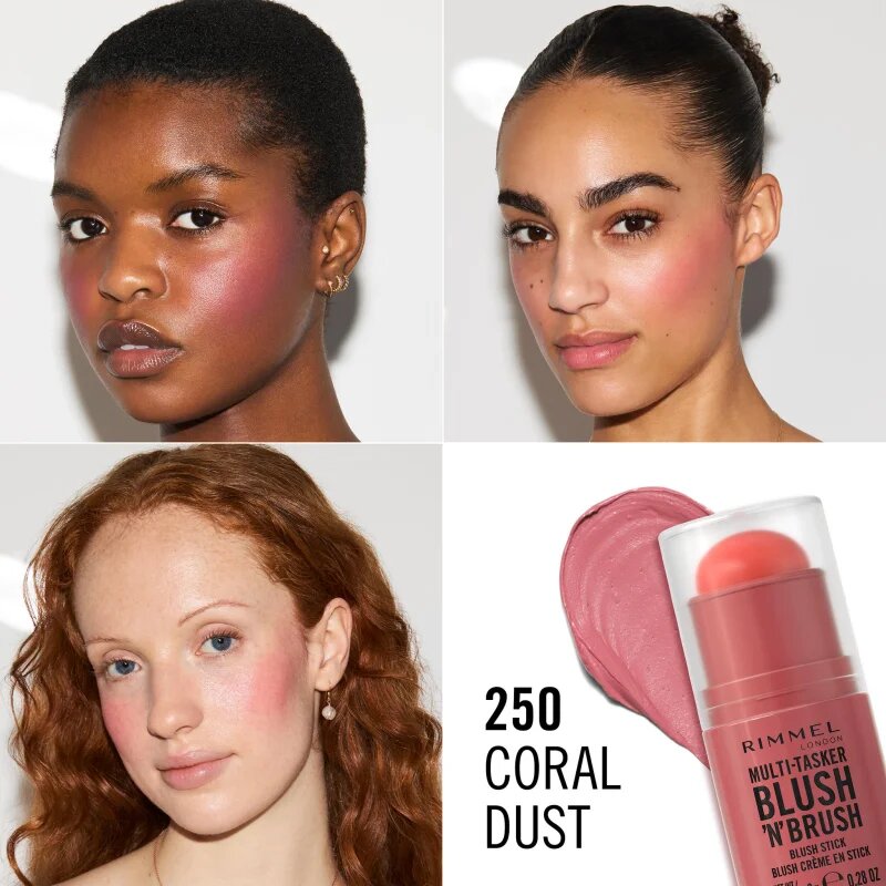 Rimmel Multi-Tasker Blush'N'brush tvářenka v tyčince se štětcem odstín 250 Coral Dust 8 g