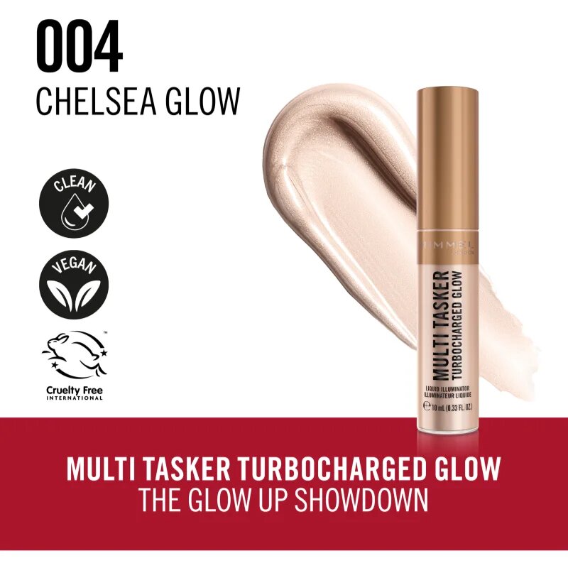 Rimmel Multi-Tasker Turbocharged Glow tekutý rozjasňovač odstín 004 Chelsea Glow 10 ml