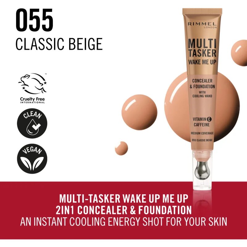 Rimmel Multi-Tasker Wake Me Up make-up a korektor pro rozjasnění pleti odstín 55 Classic Beige 20 ml