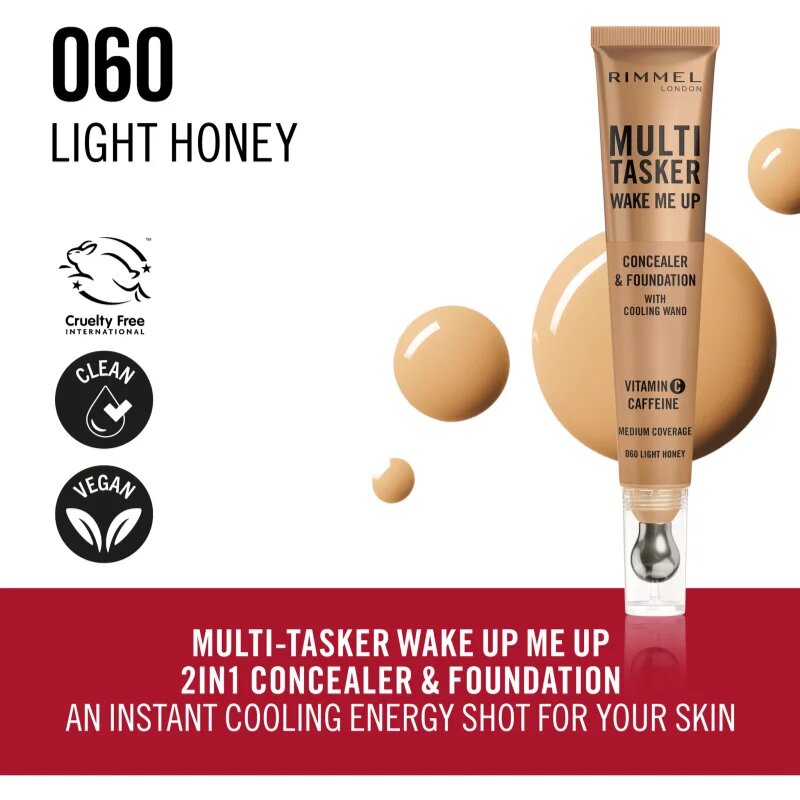 Rimmel Multi-Tasker Wake Me Up make-up a korektor pro rozjasnění pleti odstín 60 Light Honey 20 ml